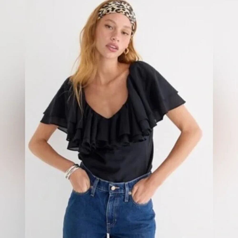 J. Crew Double-ruffle Cotton Voile Top Black Sz 2